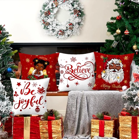 Kerst Kussenslopen Decoratieve Polyester Zwarte Kerstman Engel Cartoon Gedrukt Feestelijke Sofa Kussenhoezen Home Decor