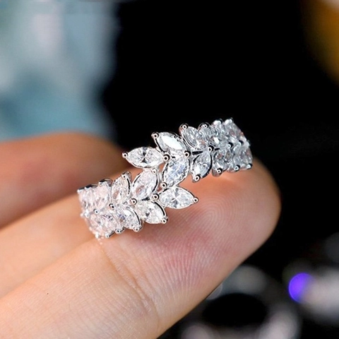 Marquise Cut Zircon Ring For Women Copper Gold Plated Leaf Wheat Ear Vine Staggered Design Niche Style