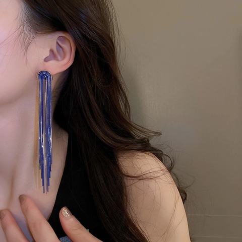 Orecchini Pendenti Lunghi Con Nappe Blu Vintage Catena Esagerata Gioielli In Rame Con Perno In Argento Sterling 925