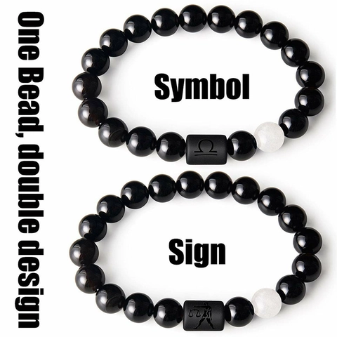 Zodiac Constellation Beaded Bracelet Natural Black Onyx Obsidian Tiger Eye Stones Elastic Hand String Unisex