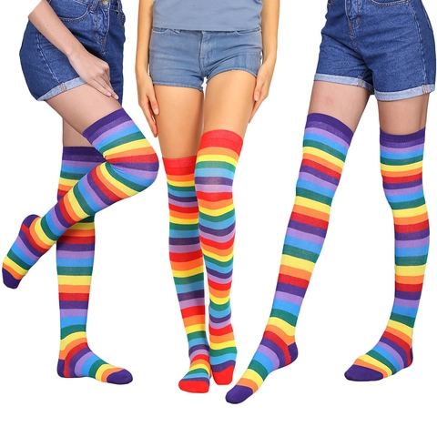 Striped Over The Knee Socks Thigh High Stockings Colorful Rainbow Pattern Elastic Knit Performance Cosplay Party Women