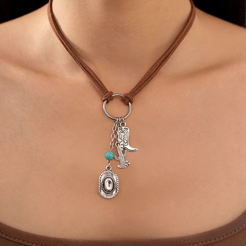 Western Cowboy Choker Ketting Legering Laars Hoed Cactus Hanger Suèdetouw Turquoise Kraal Vintage Sieraden Dames