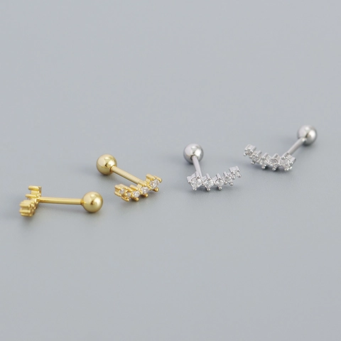 Geometric Curved Zircon Stud Earrings S925 Sterling Silver Screw Ball Back Minimalist Piercing Jewelry Women