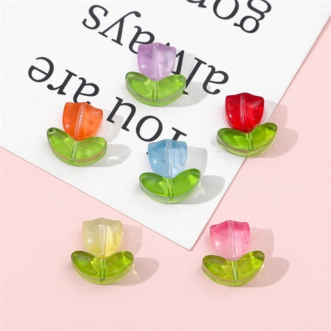 Tulip Flower Beads Gradient Glass Petal Charms With Green Leaf DIY Handmade Jewelry Making For Bracelet Earring Hairpin
