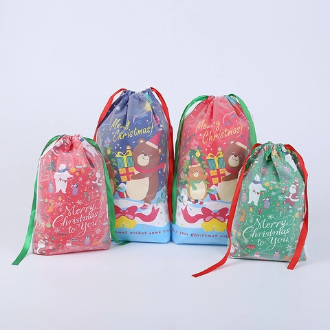 Weihnachten Kordelzug Geschenktüten Kunststoff Band Cartoon Weihnachtsmann Bär Druck Urlaub Party Süßigkeiten Kekse Verpackung