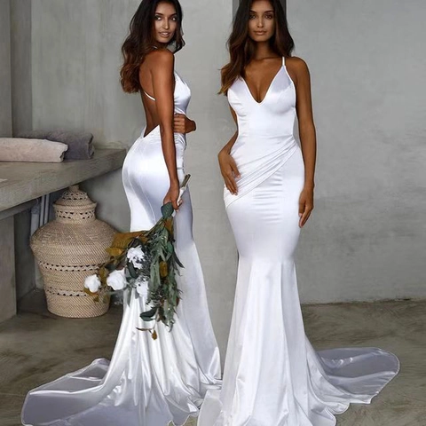 Mermaid Evening Dress Satin V Neck Backless Elegant Formal Gala Banquet Floor Length With Train Women