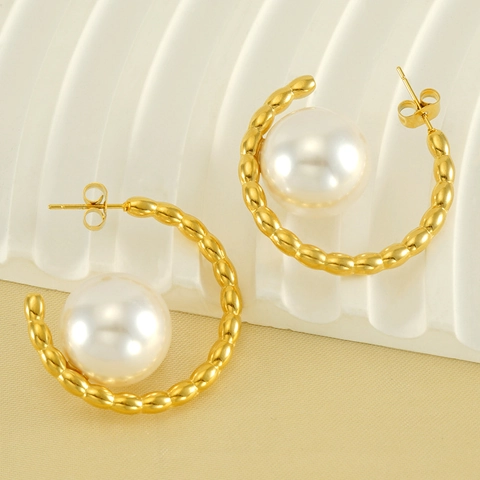 Orecchini A Cerchio A C In Acciaio Inossidabile Placcato Oro 18K Con Grande Perla Artificial Bianca Gioielli Eleganti Retrò Francesi