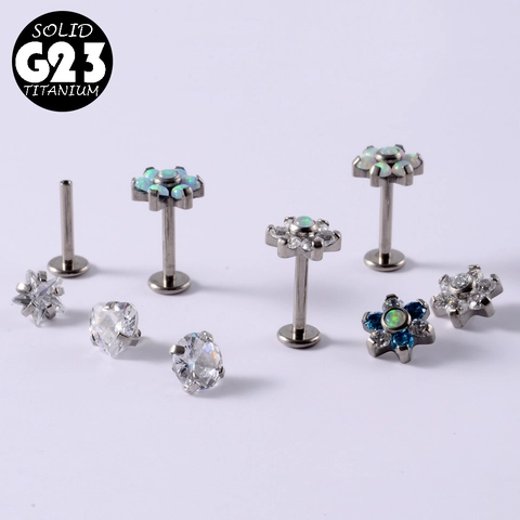 G23 Titanium Labret Stud Oorbellen Interne Schroefdraad Platte Achterkant Zirkonia Opaal Bloem Hart Ster Piercing Sieraden