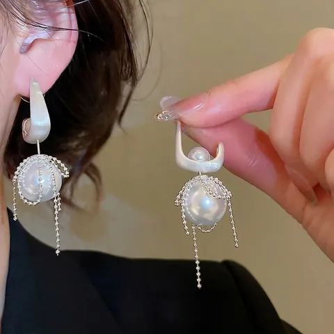 Artificial Pearl Tassel Earrings With Silver Earring Post Bowknot French Vintage Elegant Long Fringe Jewelry For Women