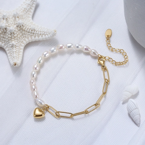 Bracelet Argent Sterling 925 Perle Baroque Naturelle Pendentif Coeur Chaîne Ajustable Bijoux Femmes