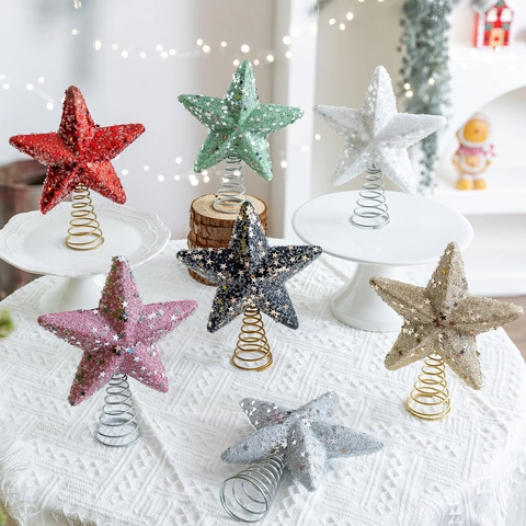 Christmas Tree Topper Star Glitter Sequin Foam Five Pointed Ornament With Metal Spring Base Holiday Party Decor