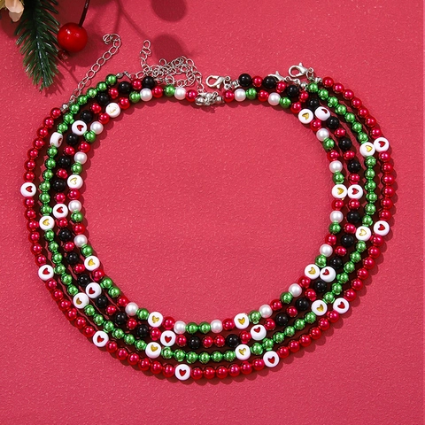 Weihnachtsperlenkette Herzmuster Künstliche Perlen Bunte Schlüsselbeinkette Feiertagsschmuck Für Damen