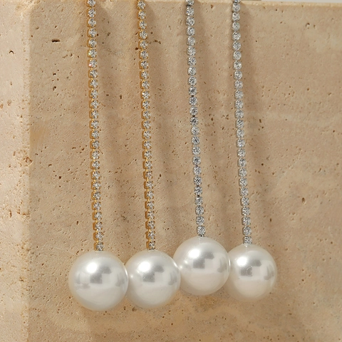 Pendientes Largos Elegantes De Acero Inoxidable Con Circonita E Imitación De Perla Artificial Joyería Para Mujer