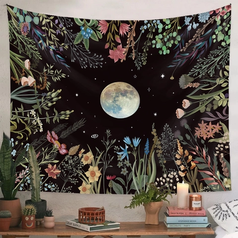 Arazzo Floreale Fasi Lunari Da Parete Poliestere Botanico Celeste Mistero Bohemien Arte Decorazione Soggiorno