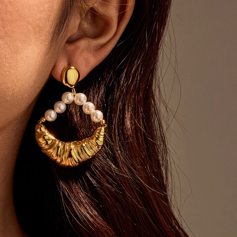 Pendientes de Botón de Cruasán de Acero Inoxidable Vintage Francés para Mujer Chapados en Oro Perla Artificial Joyería Regalo