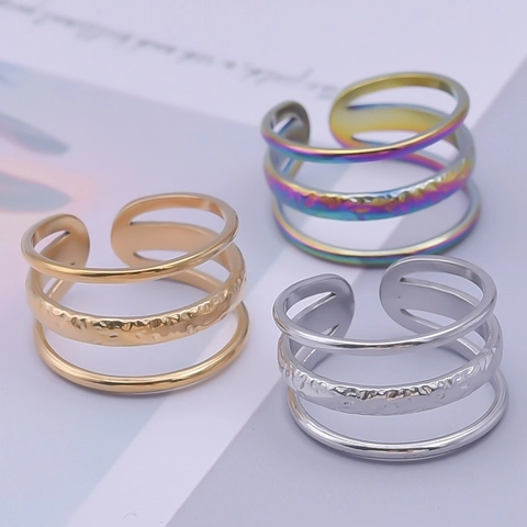 Minimalist Triple Layer 304 Stainless Steel Hammered Texture Rings Adjustable Opening Geometric Jewelry For Men Women