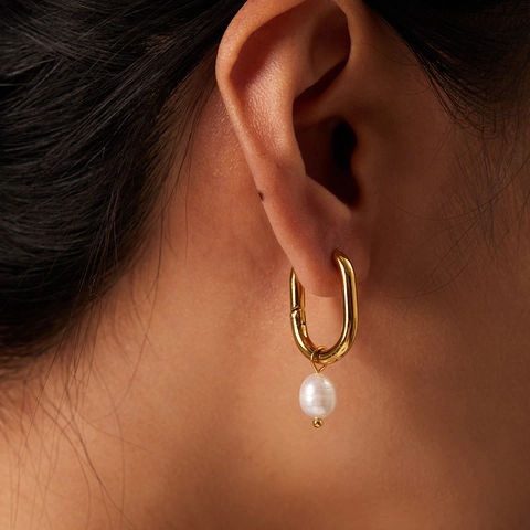 Stainless Steel Freshwater Pearl Hoop Earrings Gold U-Shaped Dangle Drop Earrings For Women Elegant Minimalist Jewelry