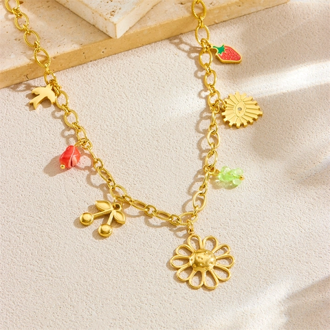 Collana In Acciaio Inossidabile Placcato Oro Con Ciondoli Multipli Fiore Ciliegia Fragola Occhio Di Sole Uccello Per Donna