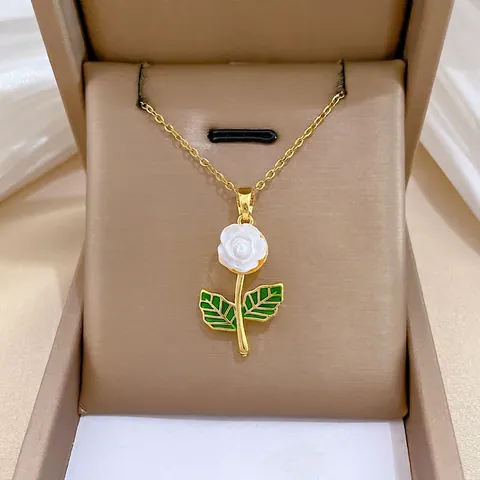 Rose Pendant Necklace Titanium Stainless Steel Chain Copper Enamel White Flower Green Leaf Rhinestone Elegant Jewelry For Women