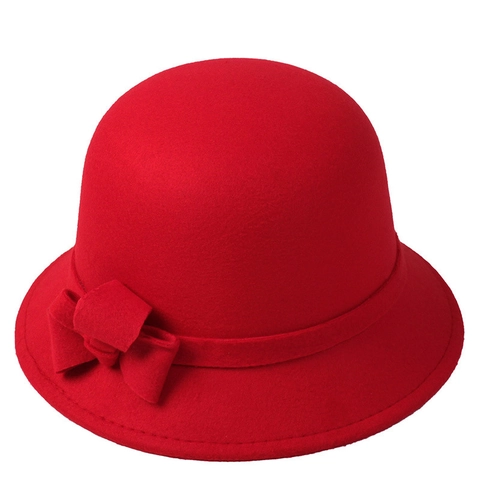 Vintage French Style Polyester Cloche Hat For Women Elegant Bow Decorated Winter Warm Felt Fedora Hat Autumn Fashion