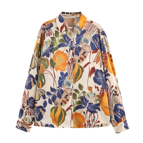 Damen Satinhemd Mit Blumendruck Langarm Geknöpft Reverskragen Vintage Abstraktes Muster Polyester Bluse