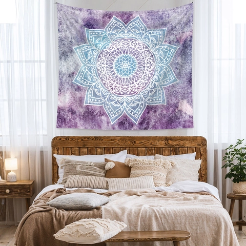 Arazzo Da Parete Mandala Boemo Poliestere Acquerello Viola Tessuto Di Sfondo Appeso Per Camera Da Letto Soggiorno Decorazione