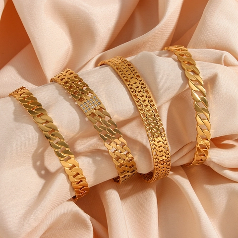 Mode Edelstahl Gold Überzogene Curb Link Offener Armreif Für Damen Geometrische Zirkonia Inlay Minimalistischen Schmuck Armband