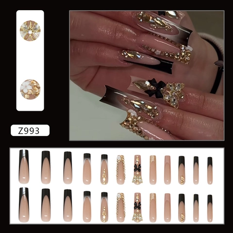 Long Coffin Press On Nägel Schwarz Französisch Gradient Mit 3D Goldener Schmetterling Strass Dekor ABS Kunststoff Elegant
