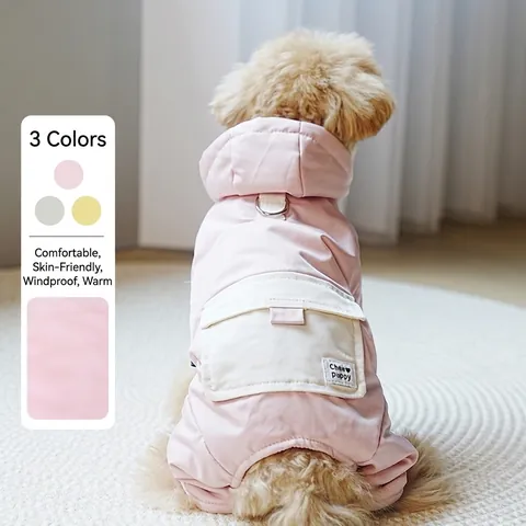 Dog Winter Coat Thickened Cotton Padded Jumpsuit With Hood D-Ring Traction Contrast Color Warm For Small Dogs