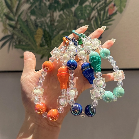 Handmade Acrylic Alloy Beaded Keychain Phone Strap Colorful Heart Flower Ice Cream Pendant Cute Bag Charm For Women