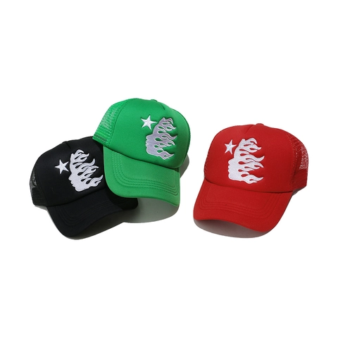 Trucker Hat Polyester Mesh Baseball Cap Flame Star Face Embroidery Adjustable Outdoor Sun Protection Streetwear Unisex