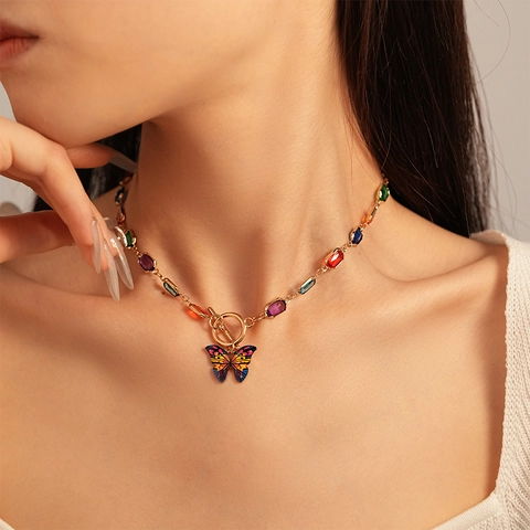 Vintage Butterfly Pendant Necklace Alloy With Multi Color Rectangular Rhinestones Toggle Clasp For Women