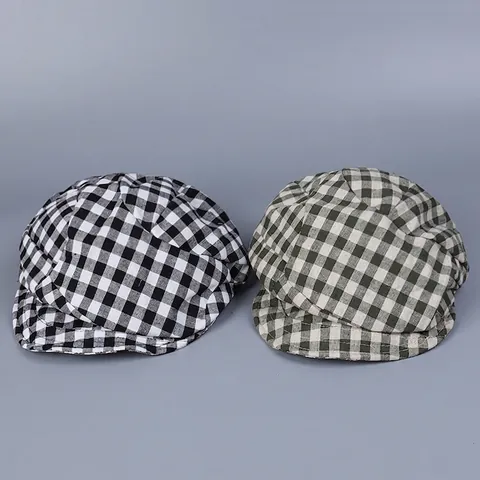Vintage Plaid Newsboy Cap Linen Cotton Breathable Checkered Beret Hat For Women Retro Adjustable Elastic