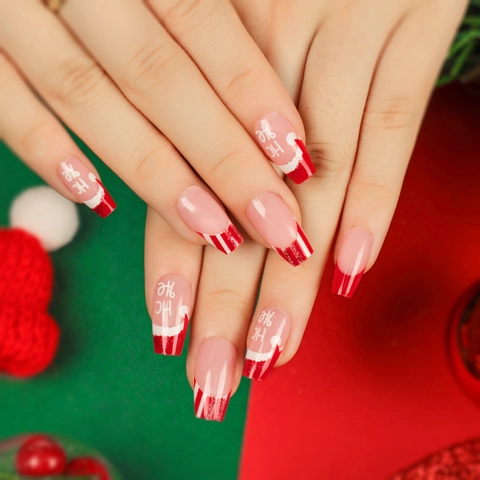 Unghie Finte Natale Lunghe Bara Stile Francese Rosso Bianco Rigato Cappello Babbo Natale Unghie Gel Morbido Festa