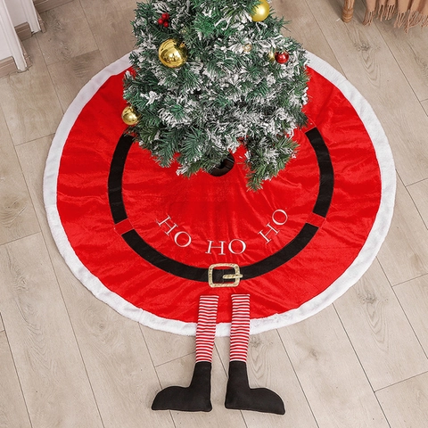 Christmas Tree Skirt Plush Velvet Santa Suit Design With Belt Elf Legs Ho Ho Ho Holiday Xmas Party Floor Decoration