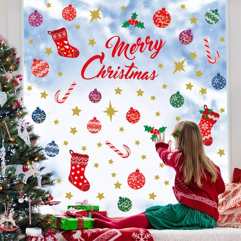 Pegatinas De Pared De Navidad Calcomanías Ventana PVC Impermeable Feliz Navidad Campana Copo De Nieve Calcetín Decoración
