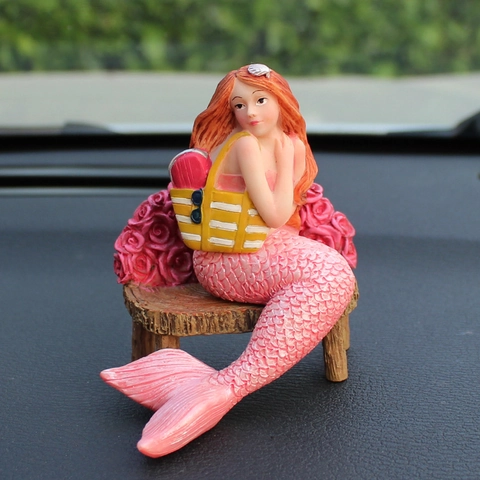 Cute Mermaid Figurine Ornament Resin Car Dashboard Decoration Desktop Statue With Pink Roses And Red Hair