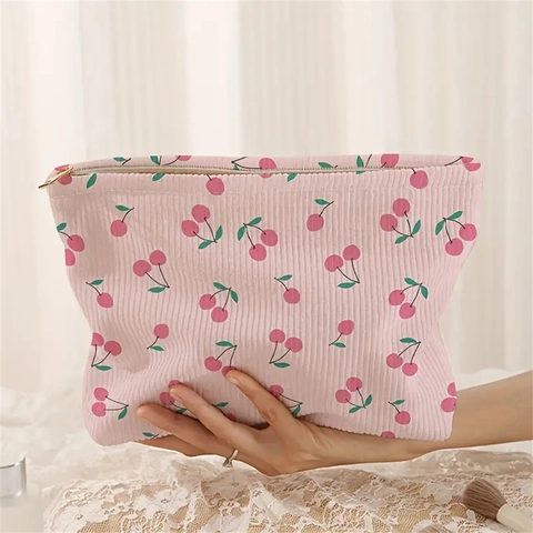 Borsa Da Trucco In Velluto A Coste Rosa Con Stampa Ciliegia Pochette Cosmetica Portatile Per Viaggi Donne