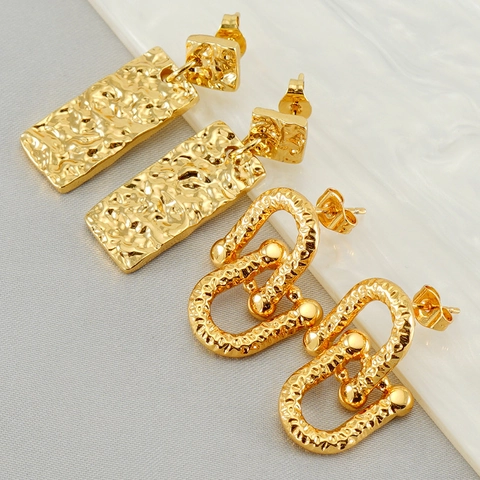 Hammered Stainless Steel Dangle Earrings 18K Gold Plated Geometric Retro Drop Ear Jewelry For Women