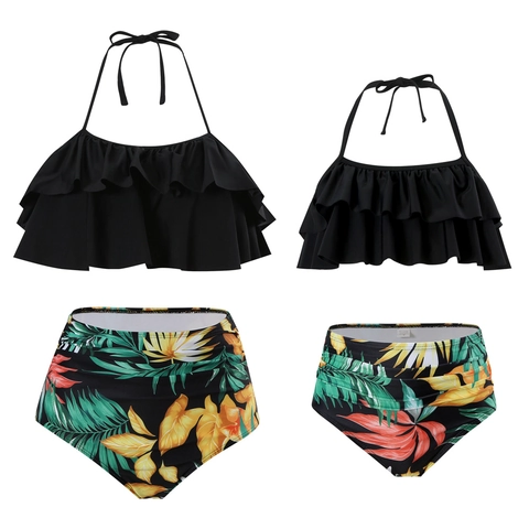 Bikini Coordinato Madre E Figlia Scollo Americana Volant Vita Alta Tropicale Estate Mare Nylon Elastan
