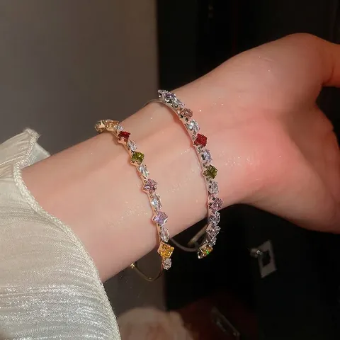 Brazalete Abierto Zircón Colorido Cobre Arcoíris Estrella Geométrica Pulsera Lujo Moda Joyería Mujer