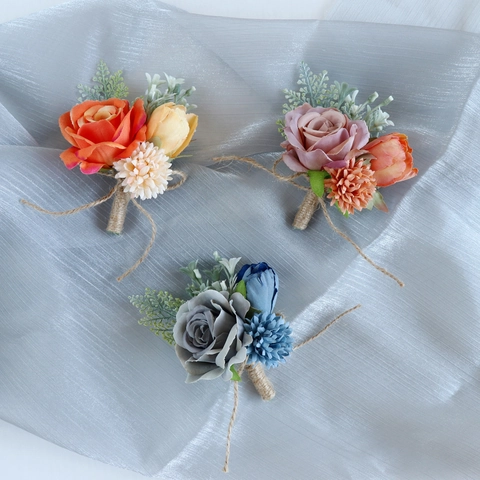Wedding Boutonniere Artificial Satin Rose Flower With Hemp Rope Wrap For Groom And Groomsmen Vintage Party Banquet Accessories