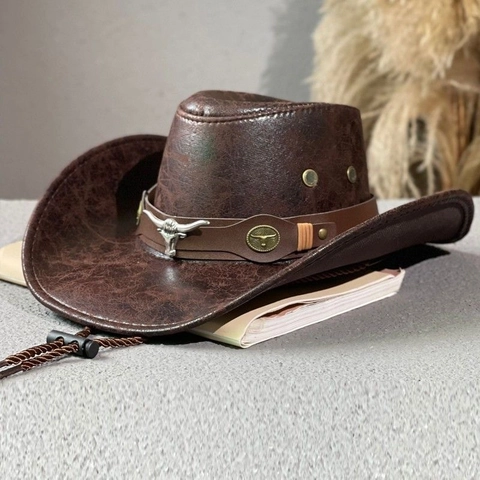 Vintage Western Cowboy Hat With Metal Bull Head PU Faux Leather Wide Brim Outdoor Travel Retro Knight Cap For Men Women