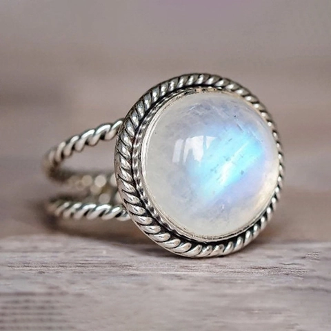 Vintage Round Faux Moonstone Ring Alloy Twisted Rope Bohemian Style Finger Jewelry For Women Silver Tone