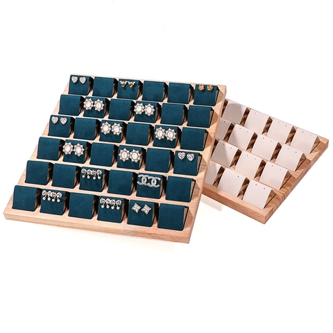 Earring Stud Display Tray Solid Wood Velvet Leather Jewelry Organizer Showcase Holder Multi Positions Rectangular
