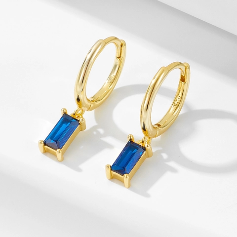 925 Sterling Silver Rectangular Blue Zirconia Geometric Huggie Drop Earrings Gold Silver Plated Fashion Jewelry For Women