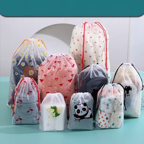 Frosted Drawstring Storage Bags Waterproof Plastic Travel Organization For Clothes Shoes Accessories Cartoon Patterns