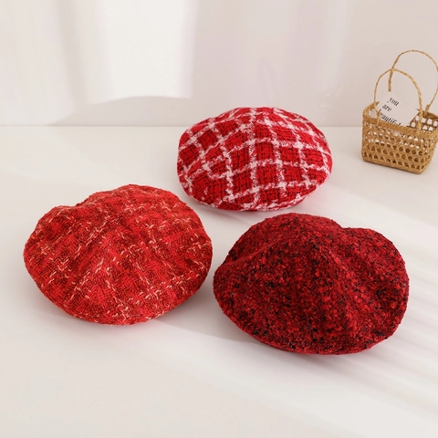 Rote Tweed Baskenmütze Wollmischung Warm Winddicht Für Kinder Mädchen Frauen Weihnachten Herbst Winter Britischer Retro Maler Stil