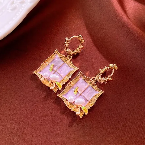 Vintage Square Enamel Drop Earrings Lavender Purple Window Frame Alloy Imitation Artificial Pearl Silver Earring Post For Women
