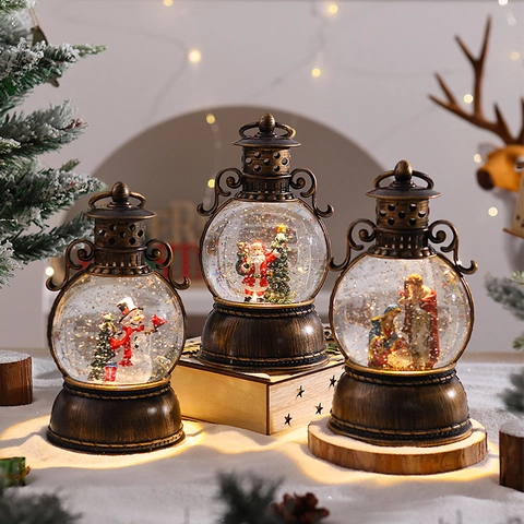 Linterna Bola De Nieve De Navidad Luminosa Musical Retro Bronce Purpurina Lámpara De Agua Adorno Mesa Festiva
